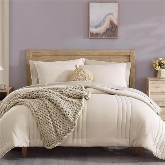 Queen Comforter Set - 7 Pieces Beige Bed in a Bag Queen Bedding Sets - Picture 7 of 7